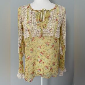 Sundance‎ Silk Crochet Long Sleeve Sheer Yellow Floral Tunic Blouse Women’s Sz M